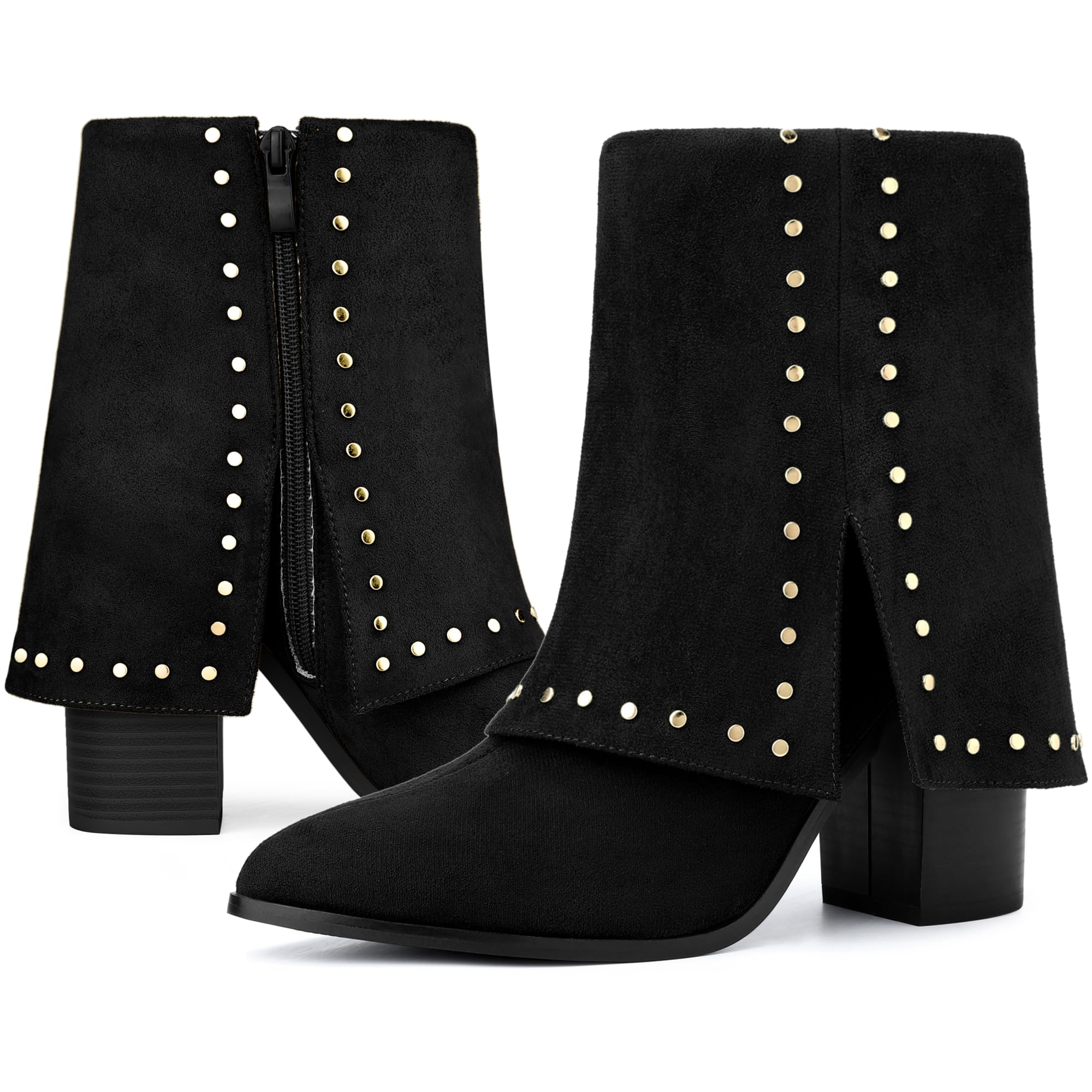 Perphy Fold Over Boots Pointy Toe Block Heel Studded Ankle Boots for Women