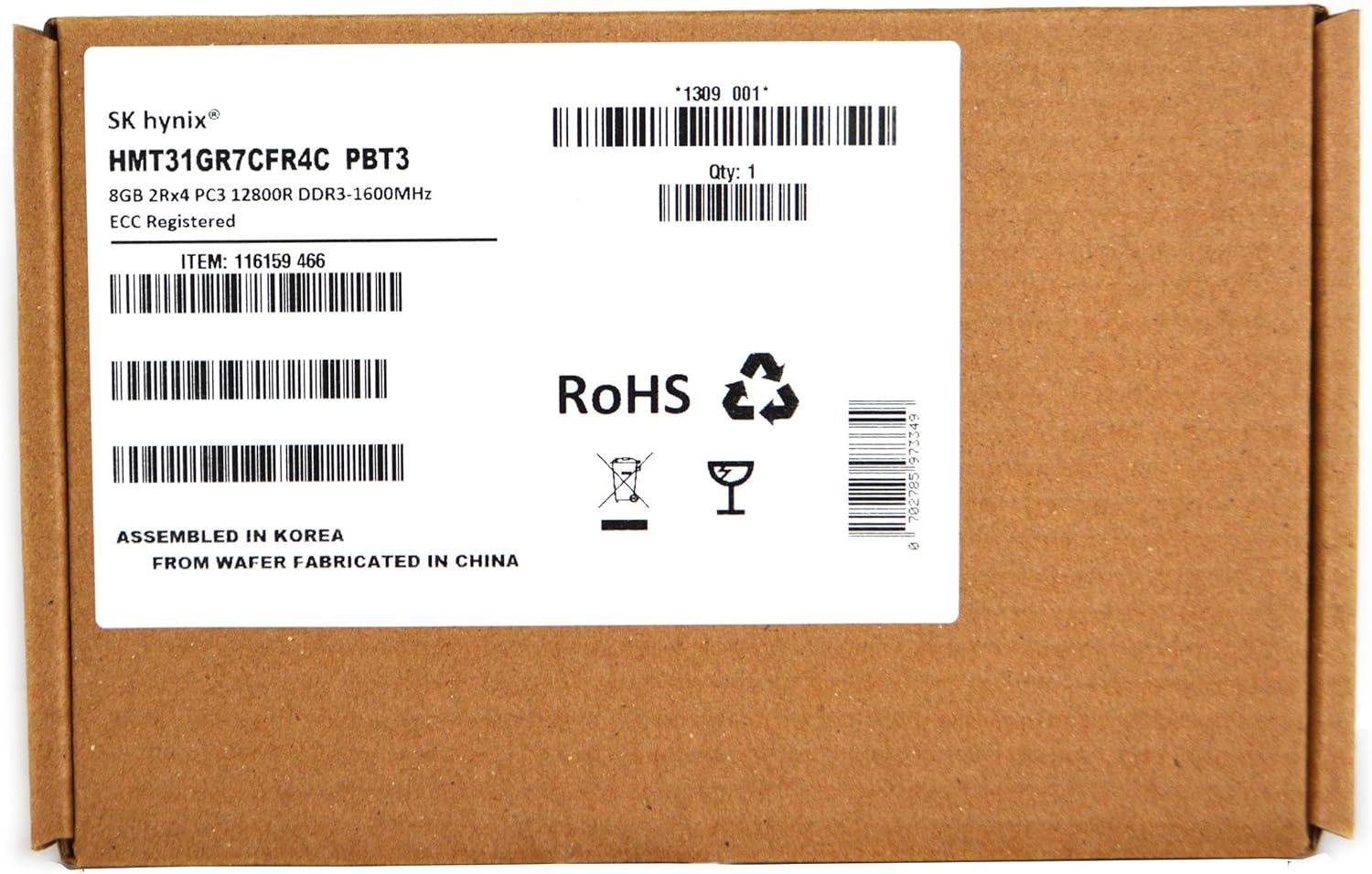 HYNIX 8GB DDR3 PC3-12800 1600MHz ECC REGISTERED CL11 1.5V DUAL RANK 240Pins STANDARD DIMM MEMORY P/N: HMT31GR7CFR4C-PB