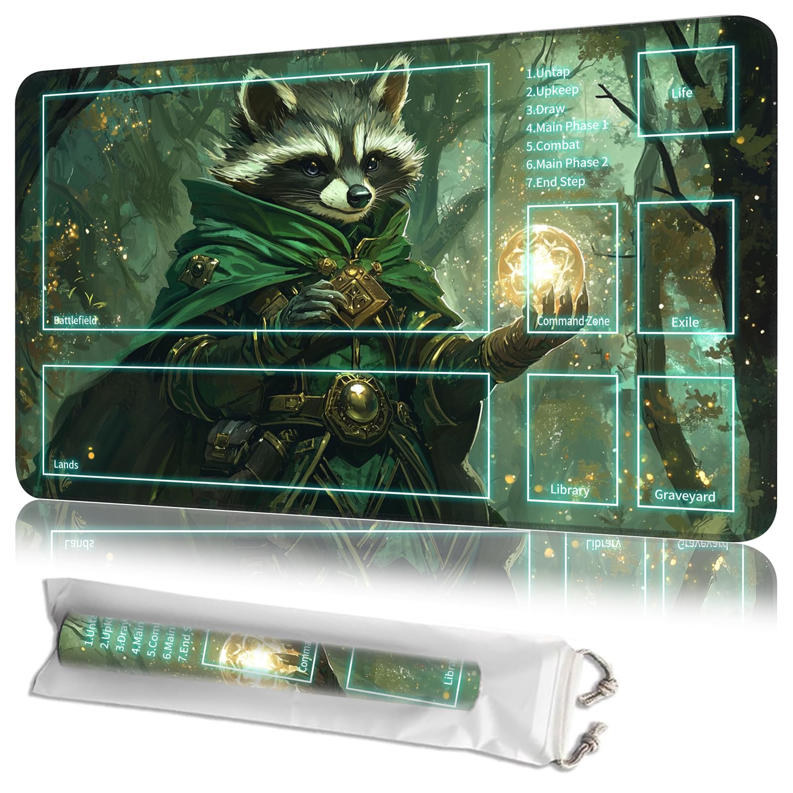 JANENFNA Playmat 24" x 14" with Magic Zones for MTG Card Game Playing, Board Game Mat for Card Breaking Commander Deck Gaming Card Game Battles Mat with Storage Bags, Forest Sorcerer Raccoon โ image 1