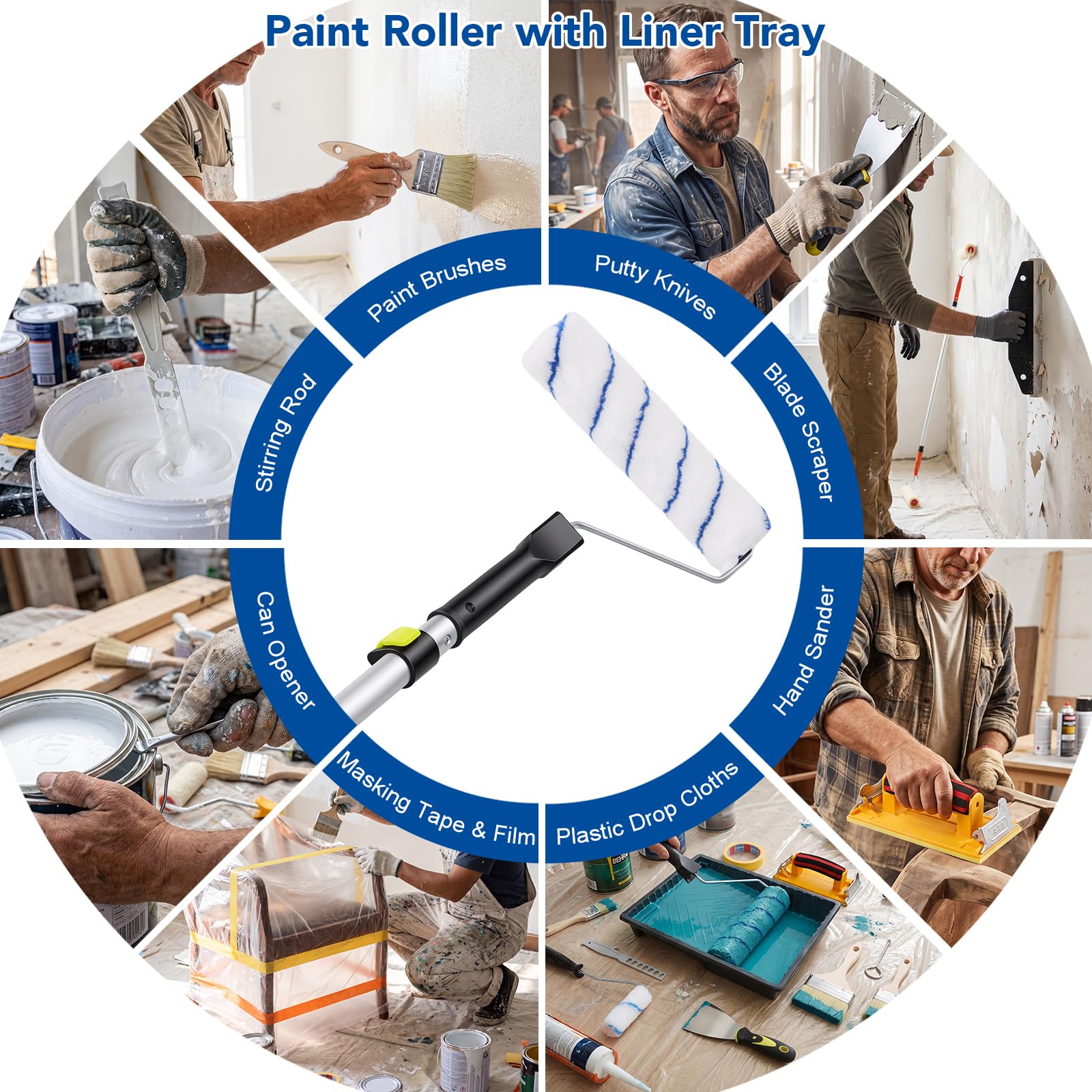 Kit di 40 rulli per pittura tutto in uno con asta telescopica da 1,2 | Forniture per pittura con vassoio rullo pennello nastro porta carta vetrata per casa parete casa pittura angoli soffitti