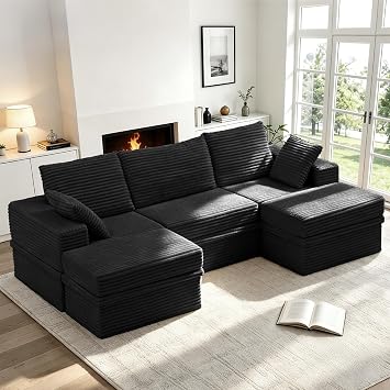 107 Modular Sectional Sofa Couches U Shaped Couch 3 Seater Memory Foam Cloud Couches for Living Room, Boneless Couch with 2 Ottomans, No Assembly Needed Plush Corduroy Sofa
