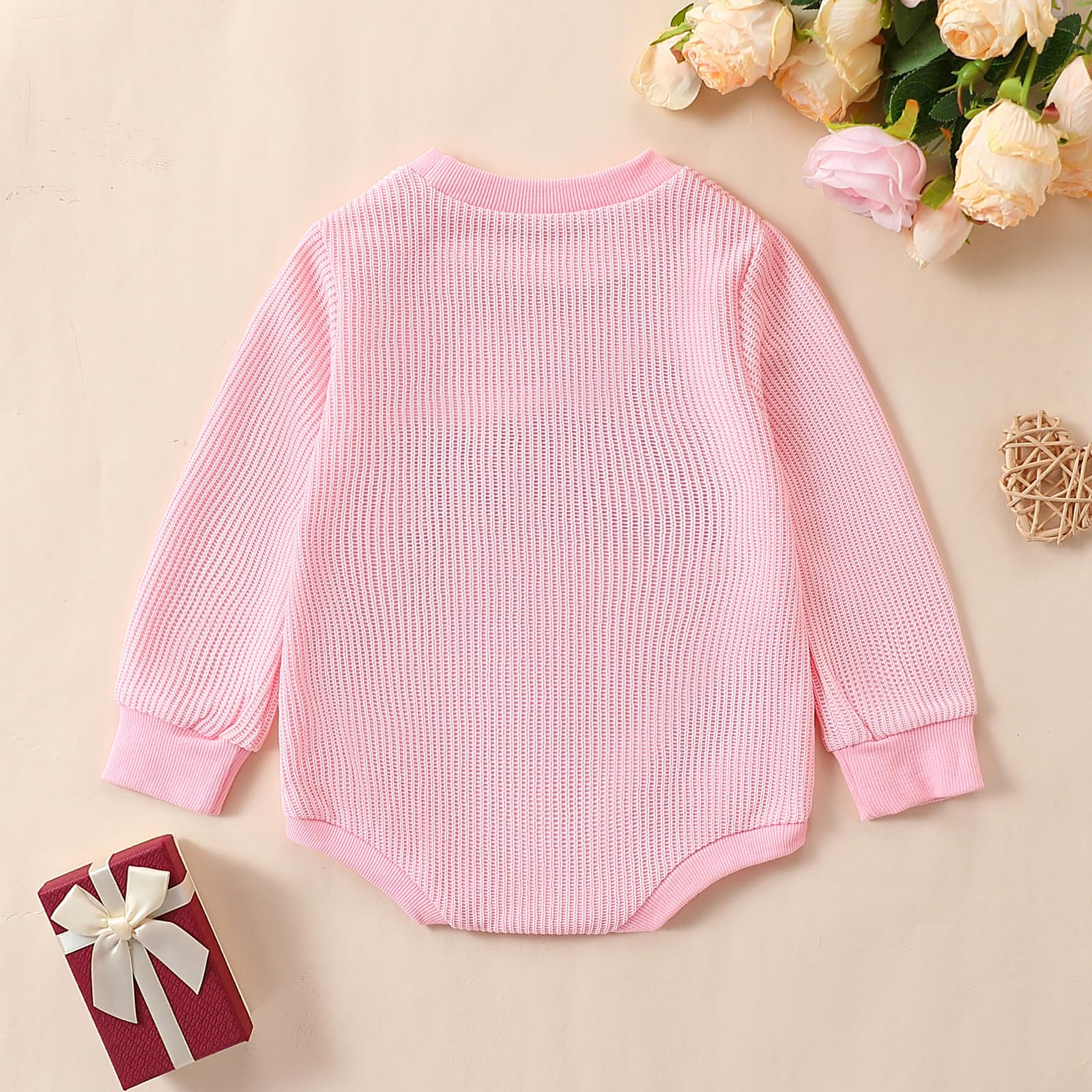 Amiblvowa Newborn Infant Baby Girl Oversized Sweatshirt Bubble Romper Crewneck Love Embroidery Bodysuit Valentines Day Outfit (Red Love Letter Print Pink, 6-9 Months)