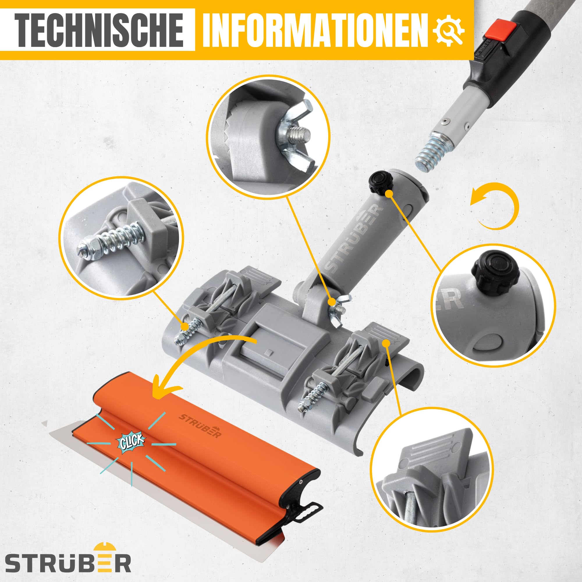 STRÜBER Flächenspachtel Set im Koffer- 5 x Flächenspachtel (250mm, 400mm, 600mm, 800mm, 1000mm) - Ergonomischer Z-Griff - Teleskopstange + Adapter - Rollspachtel - Made in EU