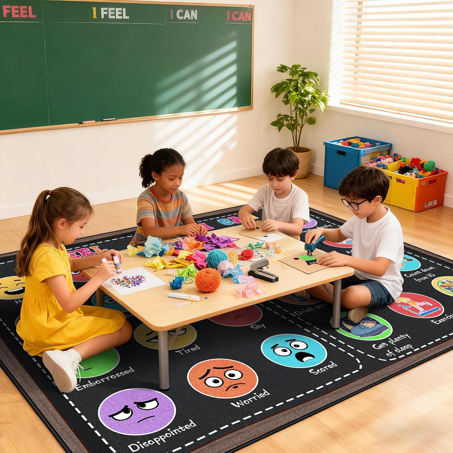 Classroom Rug Elementary 5x7ft for Playroom, Educational Smiley Face Kids Play Mat, Calming Corner Sensory Emotion Feelings Rug for Kidroom Nursery Bedroom, Non-Slip Washable(Black)