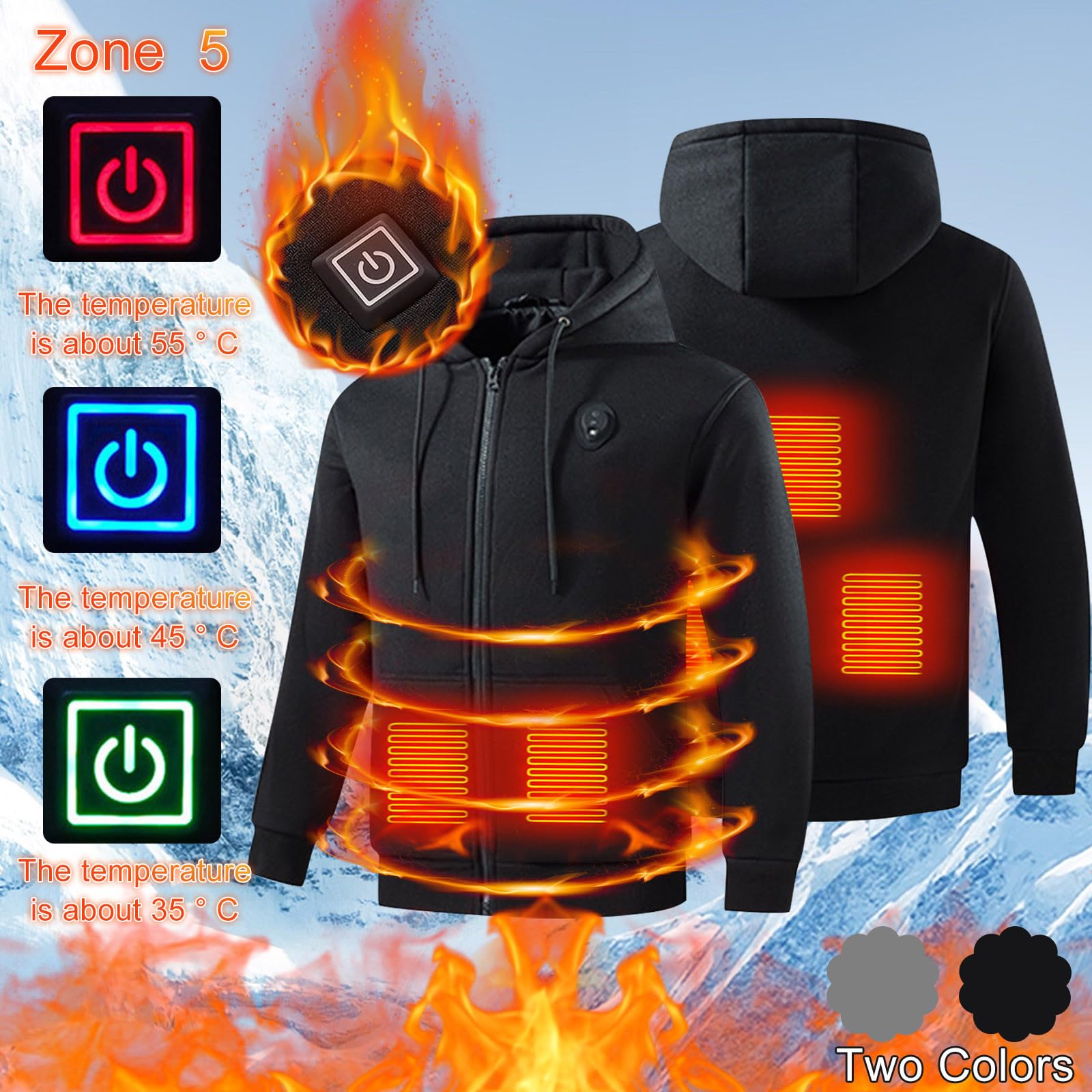 UHouse Beheizbare Sweatjacke Herren Winter Heizjacke mit 5 Heizzonen USB Beheizbarer Hoodie mit LED Elektrische Beheizte Jacke Männer Wärme Winterjacke Große Größen Kapuzenjacke M-5XL