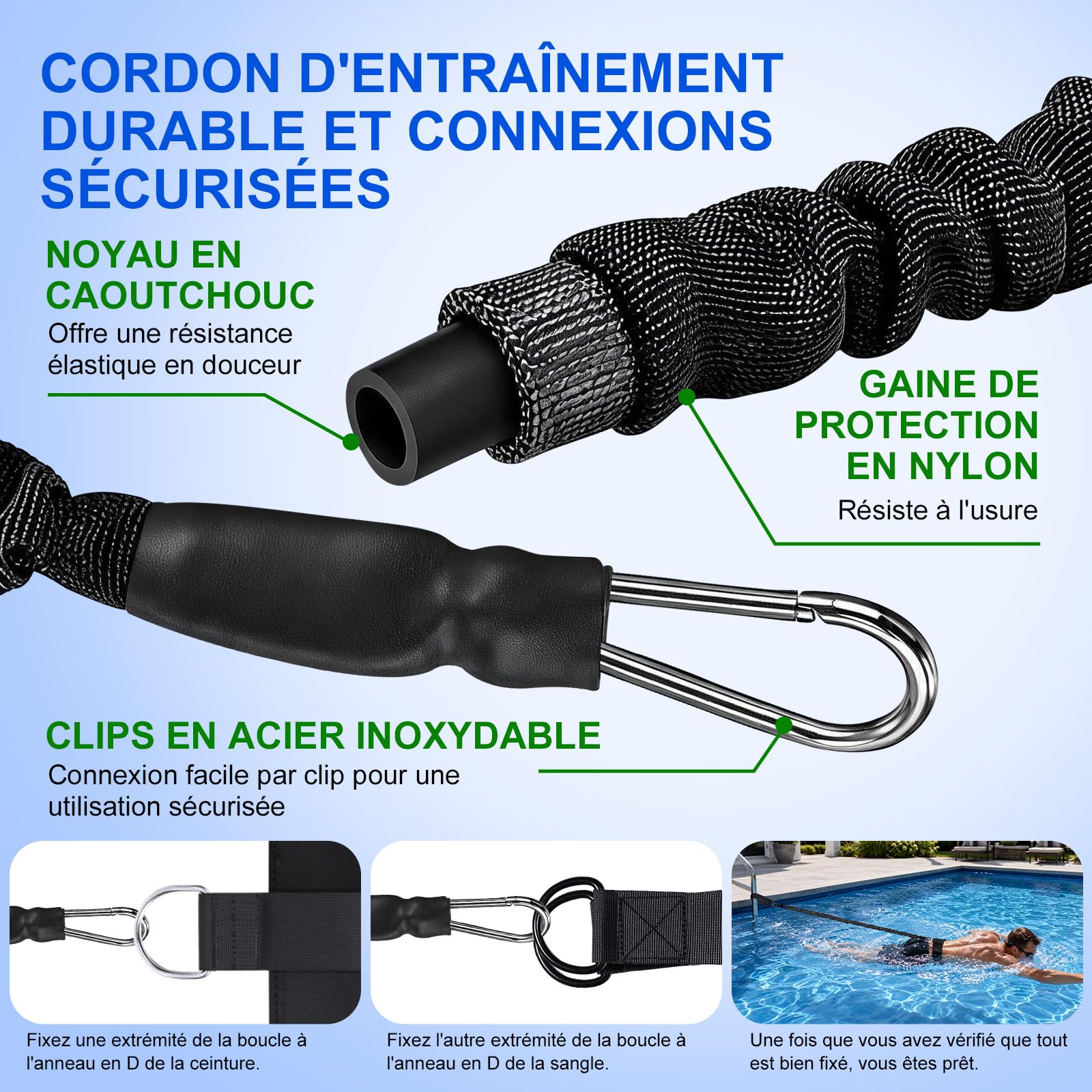 Laisse d'entraînement de piscine solide réglable de 2,5 à 7,5 m