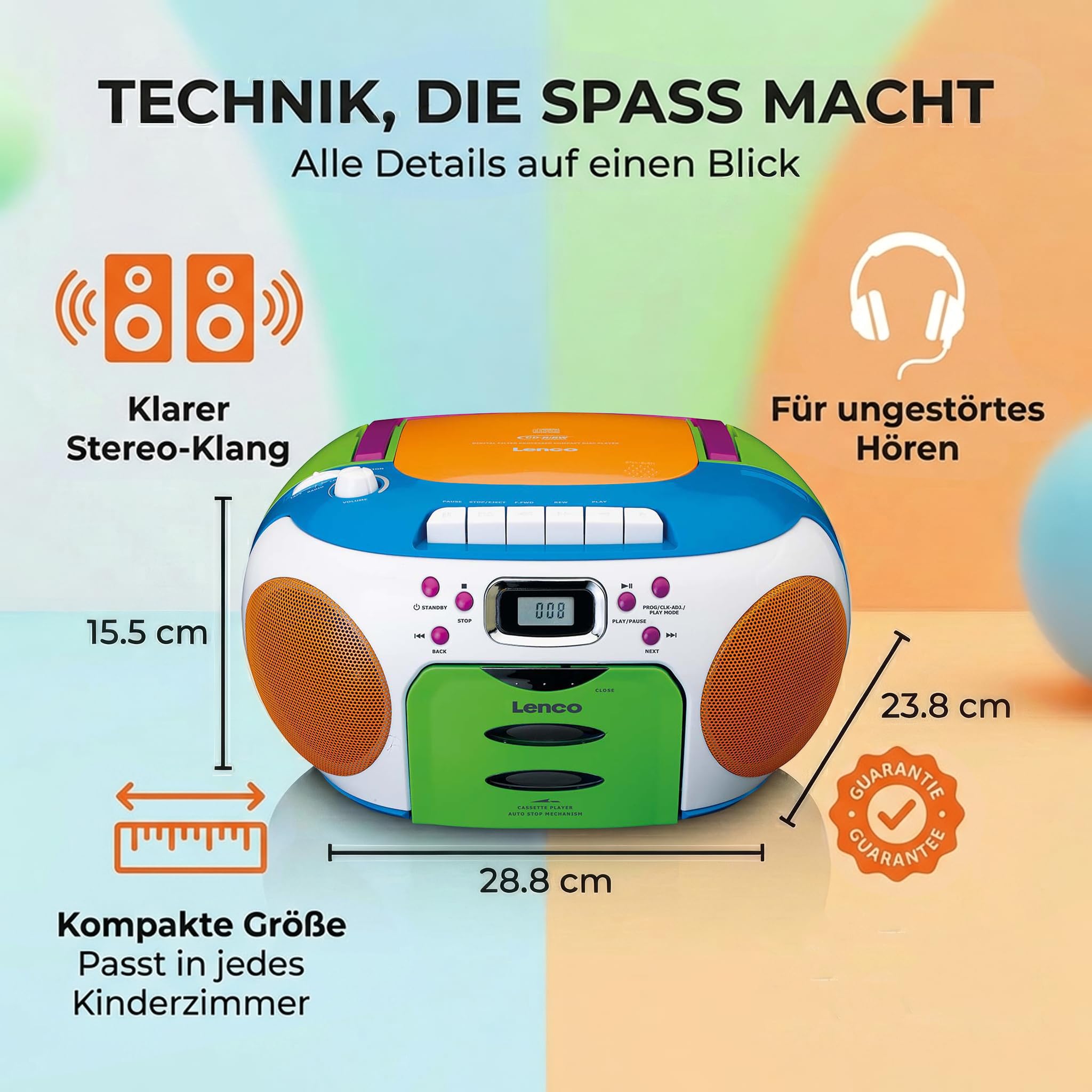 Lenco SCD-971 - CD Player - Radio CD Player - auch für Kinder - Tragbar | CD Spieler -Kinderradio - Kassettenradio mit CD - Kassettenspieler - Kopfhöreranschluss