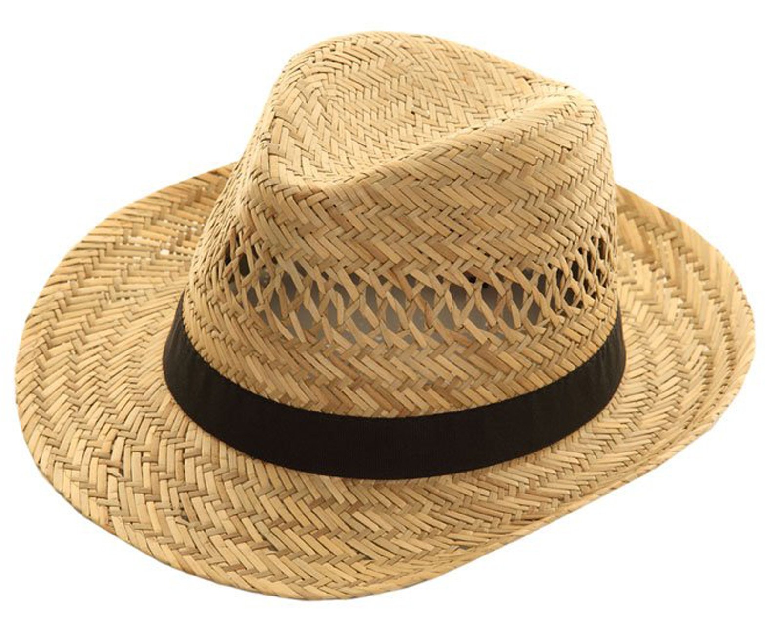 Mens Fedora Natural Straw Wide Brim Black Band Summer Sun Hat (Medium (58cm))