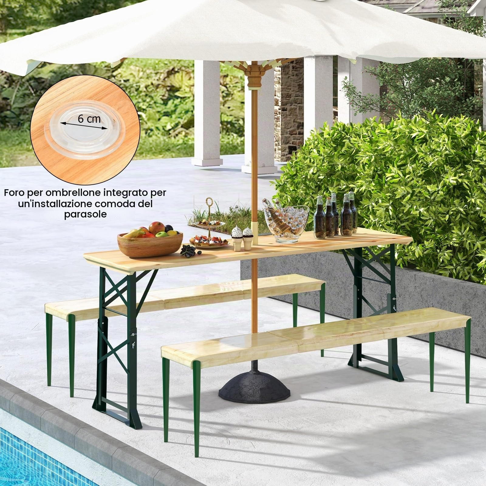 GIANTEX Tavolo Pieghevole per Birra e Feste, Altezza Regolabile 75 cm/105 cm, Lunghezza 168,5 cm con Foro per Ombrellone, Tavolo da Buffet e Bar per Terrazza ed Esterni