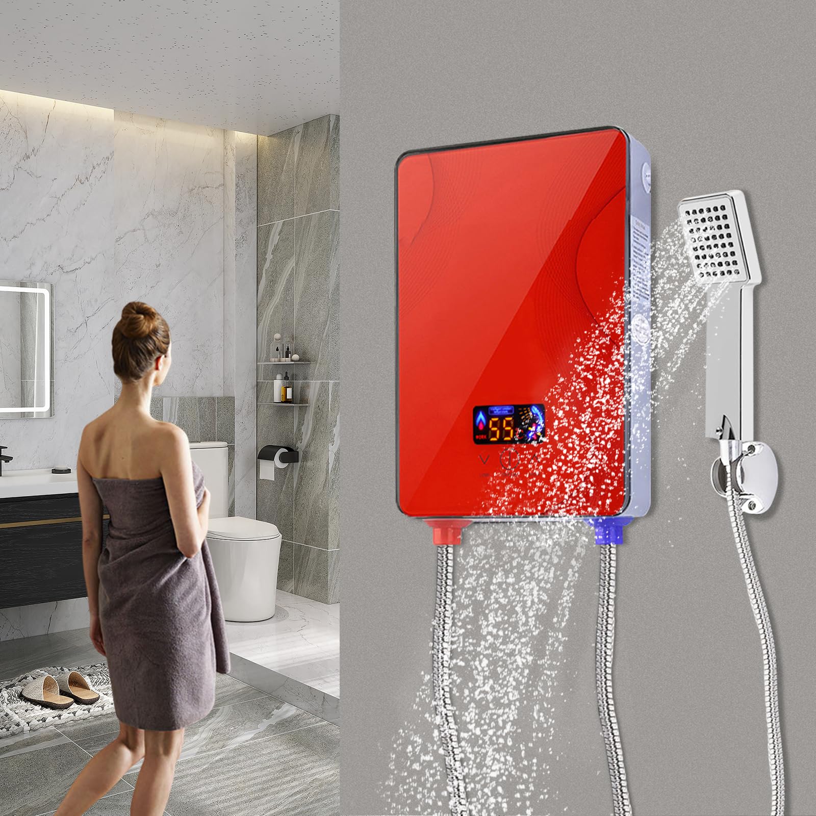 Elektryczny podgrzewacz wody 6500 W, 30 ℃ – 55 ℃, 230 V, cyfrowy zestaw prysznicowy, elektryczny natychmiastowy podgrzewacz wody z zestawem prysznicowym, stała regulacja temperatury