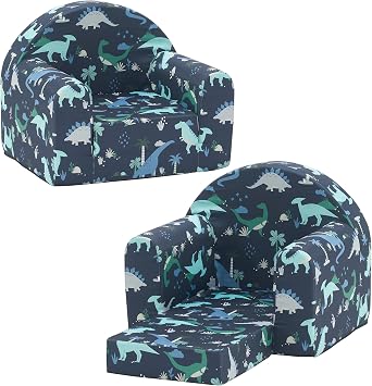 Ulax furniture Kids Sofa Couch, 2-in-1 Flip Out Toddler Couch, Baby Lounge Chair Navy Dinosaur