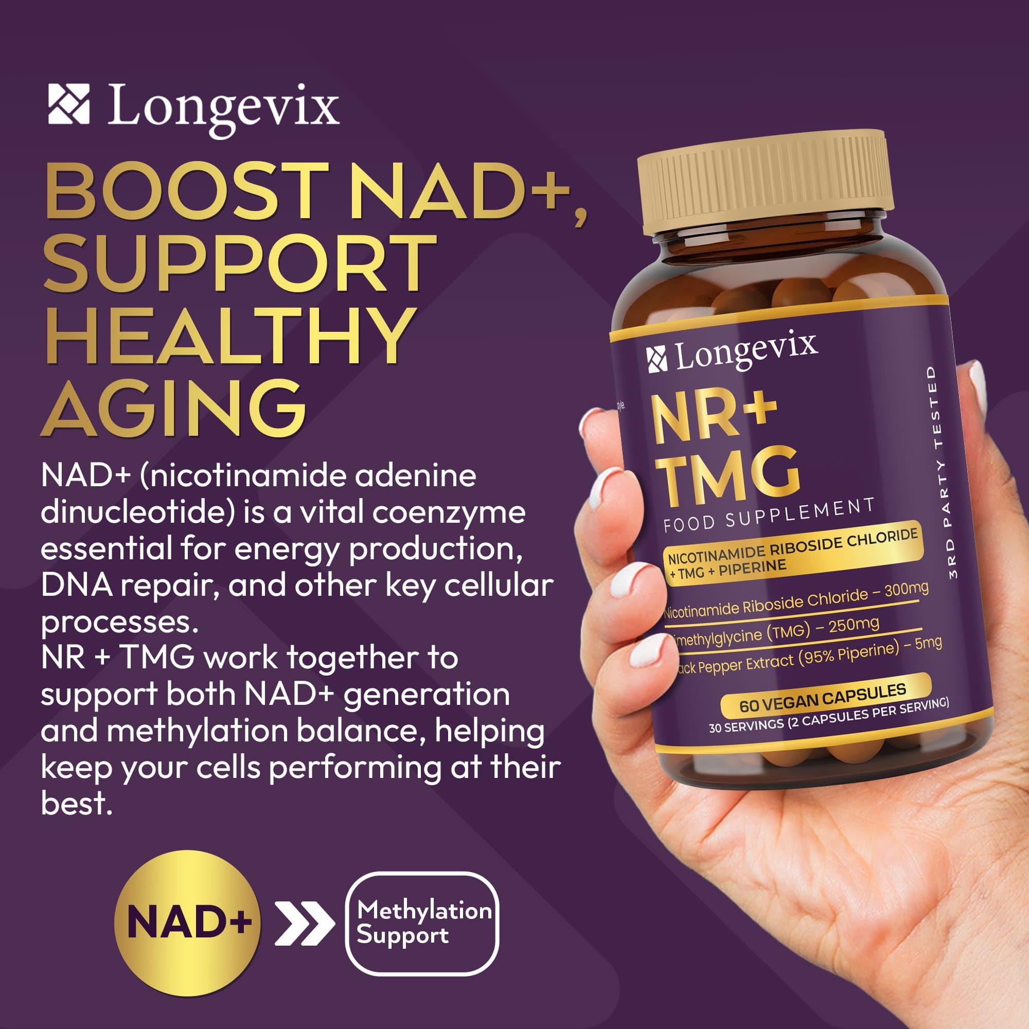 NR+ TMG, NAD+ Capsule | Nicotinamide Riboside 300mg, TMG 250mg | Supporto NAD+ e metilazione | 60 capsule vegane | Booster NAD+ | Formula pulita |