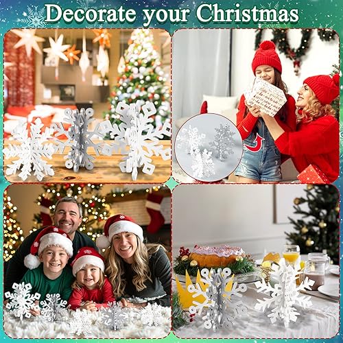 Miniatura 38 de OuMuaMua Juego de 6 decoraciones de mesa de Navidad con copos de nieve – 12 piezas de madera blanca 3D decoración de copo de nieve de mesa