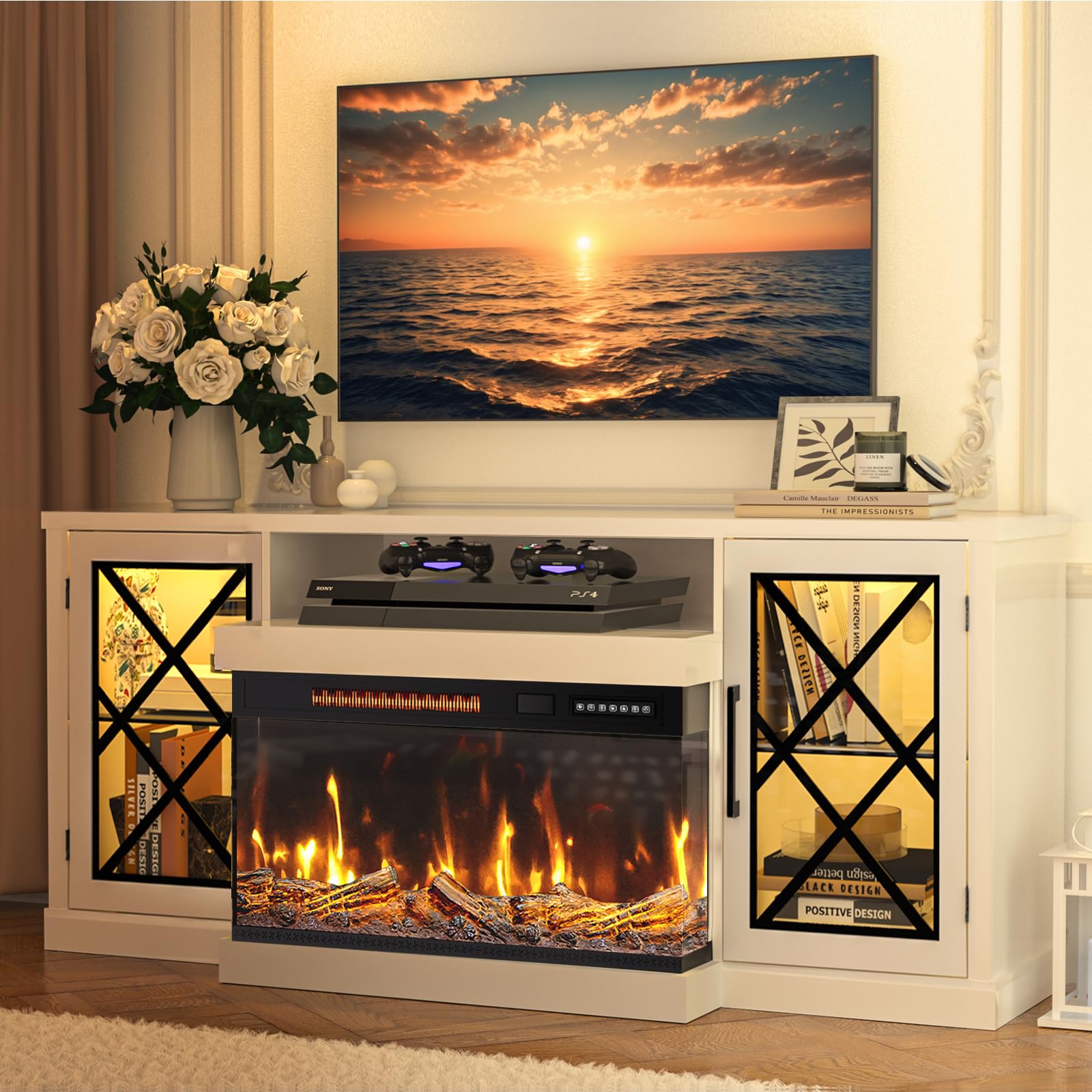 BREEZEHEAT Fireplace TV Stand for TVs up to 70", 3-Sided Electric Entertainment Center with 24" LED Fireplace, Media Console w/Storage Cabinet &amp; Glass Doors, 59Inch, White
