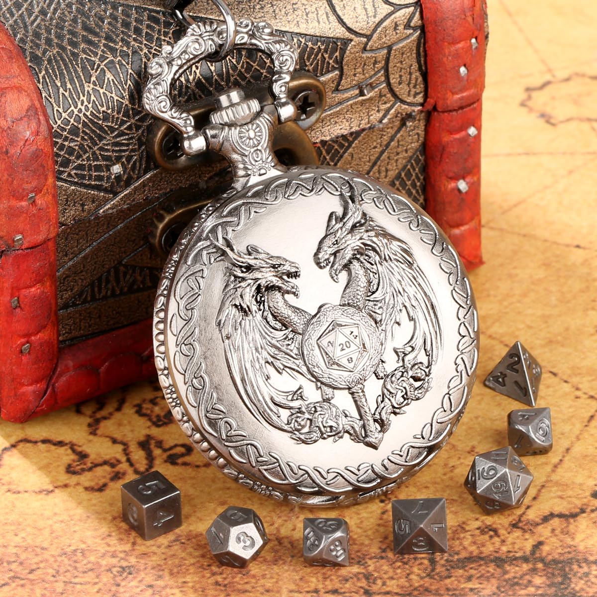 Mini DND Dice Set including Wand and Double Dragon Head Pocket Watch Shell Case, DND Starter Set - Image 2