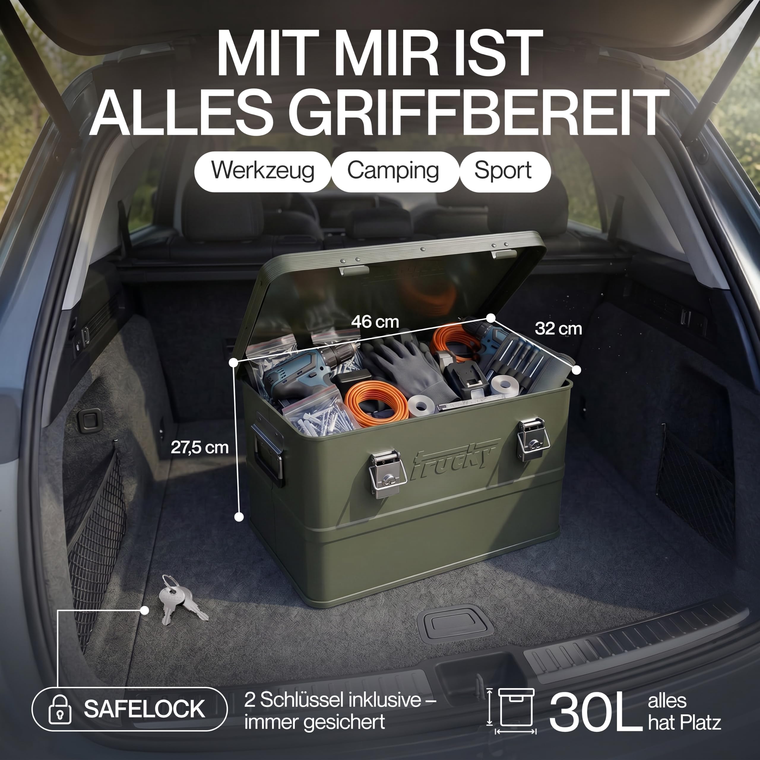 Trucky Aluminium Box mit Deckel 30L Grün Alukiste Alu Kiste Abschliessbar | Transportbox, Metallbox, Aufbewahrungsbox, Metallkiste