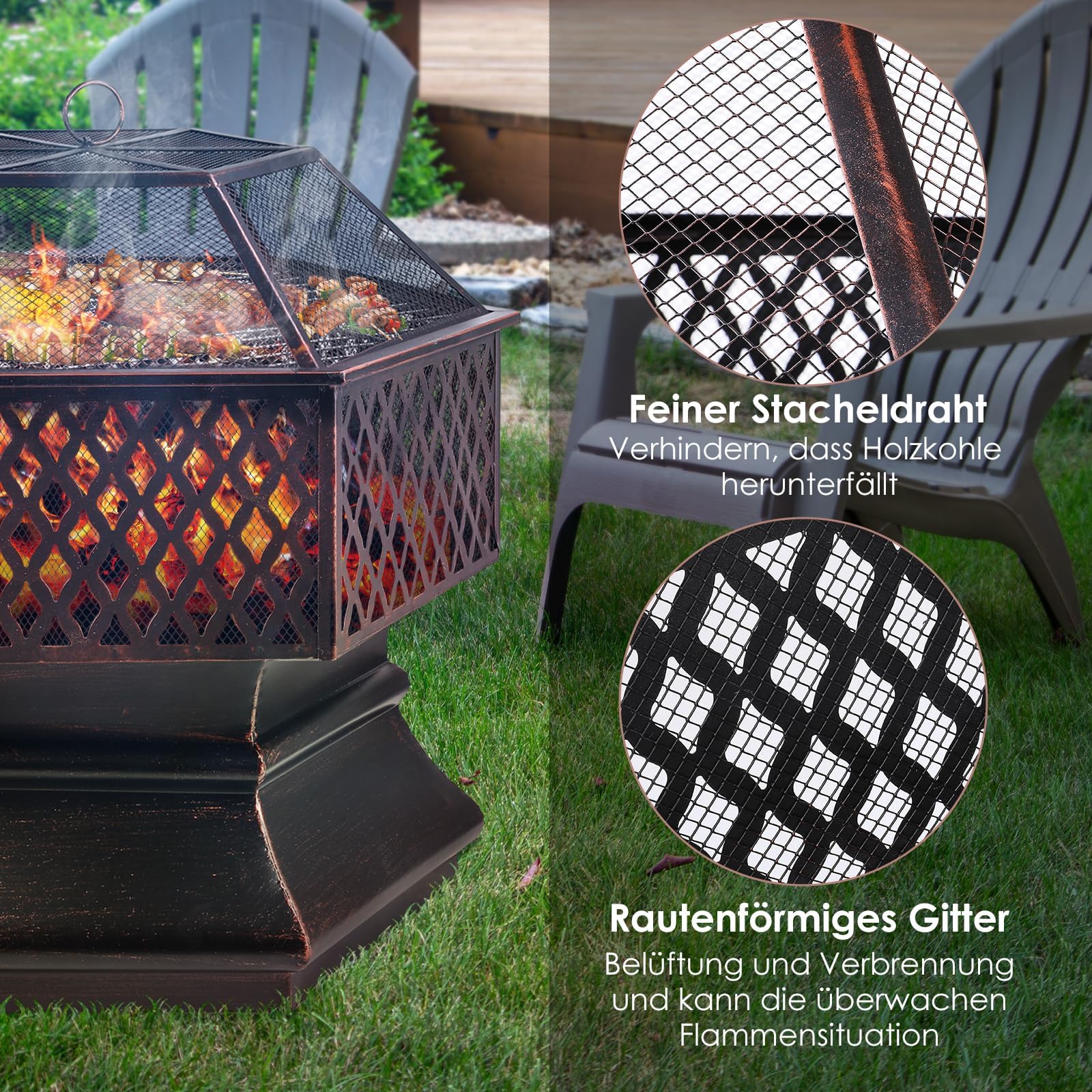 TLSUNNY Feuerschale mit Funkenschutz,Feuerschalen für den Garten, Feuerkorb mit Grillrost,Feuerstelle Outdoor mit Schürhaken Kohlerost,Feuertonne für Terrasse,Camping,Heizung/BBQ