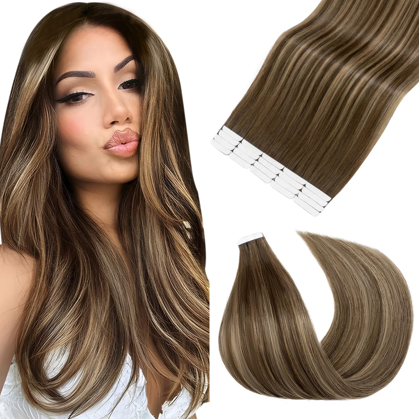 Elailite Tape in Hair Extensions Real Human Hair 10 Pcs Invisible Thin Type