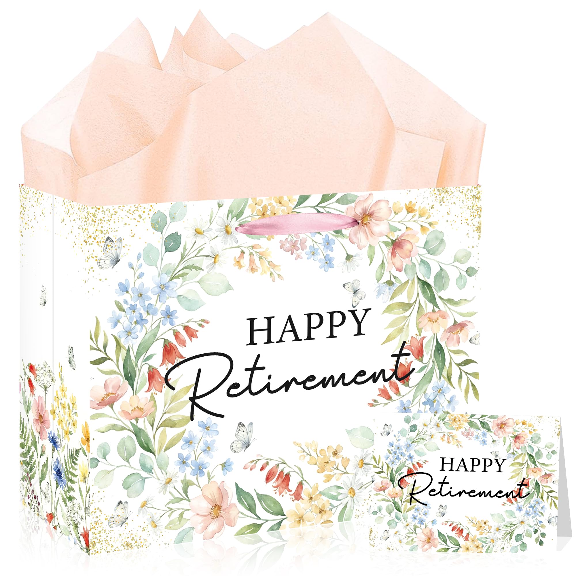 MOIZYNG Retirement Gift Bag with Handles, Tissue Paper and Greeting Card, Floral Happy Retirement Wrapping Paper for Men Women Office Coworker Farewell Going Away Party Favors