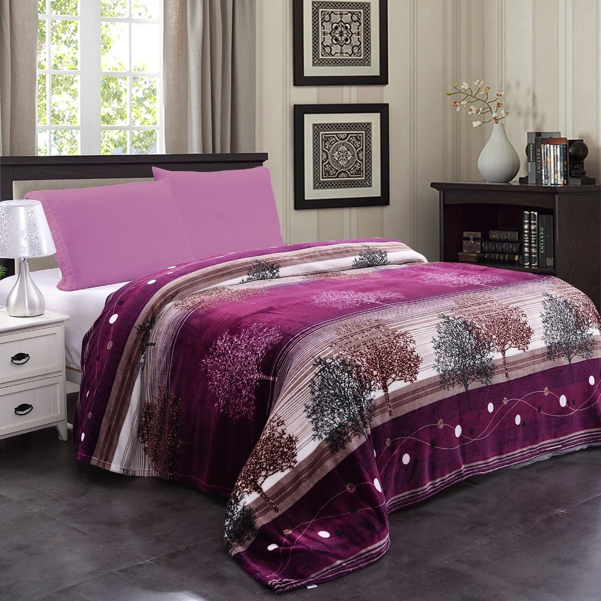 JML Plush Blanket King Size (90" x 108"), 300GSM Super Soft Warm Printed Flannel Fleece Blanket for Couch and Sofa, Dark Purple Tree