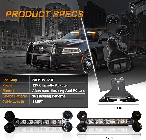 Miniatura 7 de LUMENIX Barra de luces estroboscópicas de emergencia LED de 2 x 12 pulgadas para asesor de tráfico, parabrisas de ventana delanteratrasera, barra de