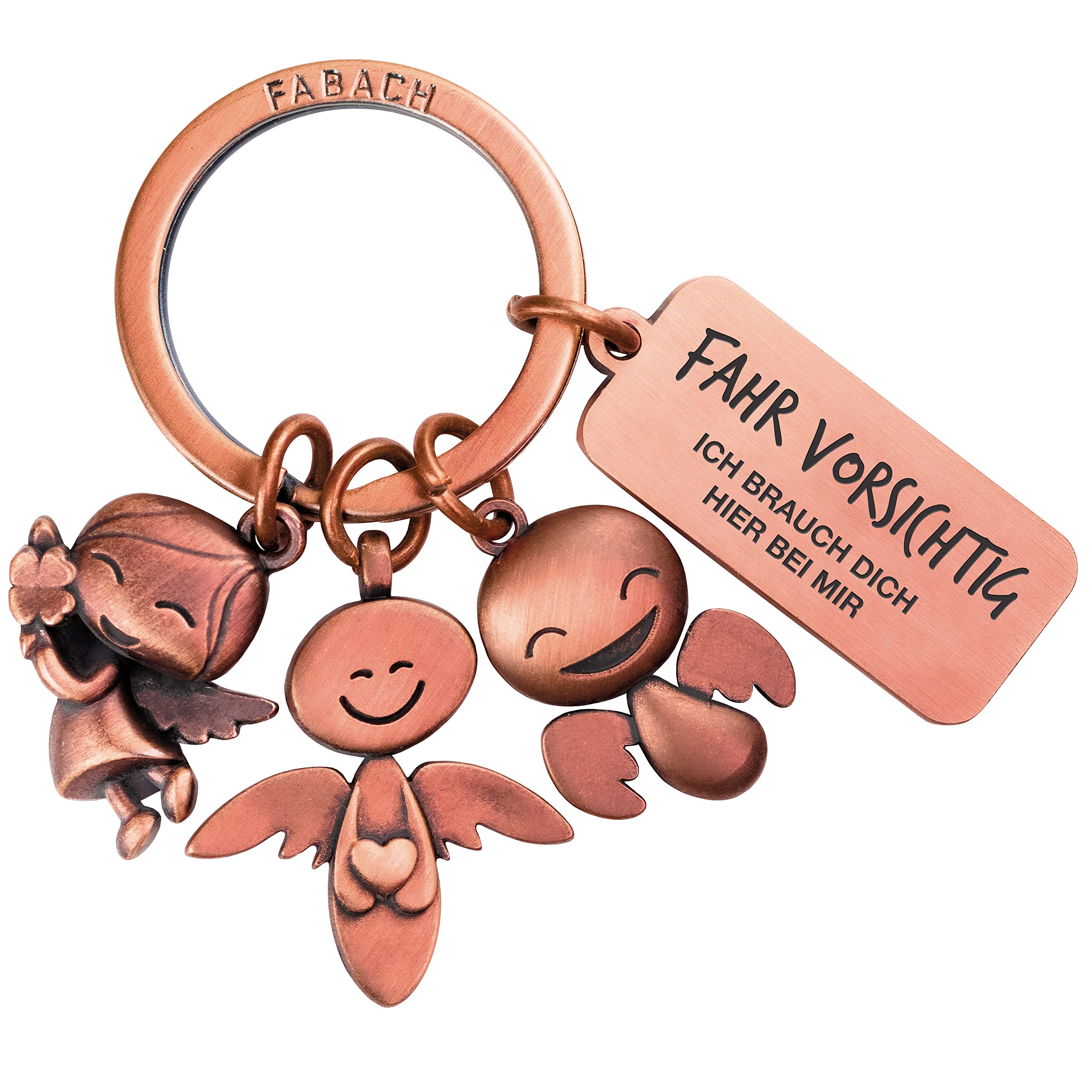 FABACH Guardian Angel Keyring 3 Angels with Engraving – Car Keyring Angel Made of Metal for Drivers – Gift Lucky Charm Car Driving Licence – Fahr vorsichtig ich Brauche Dich [German Language],
