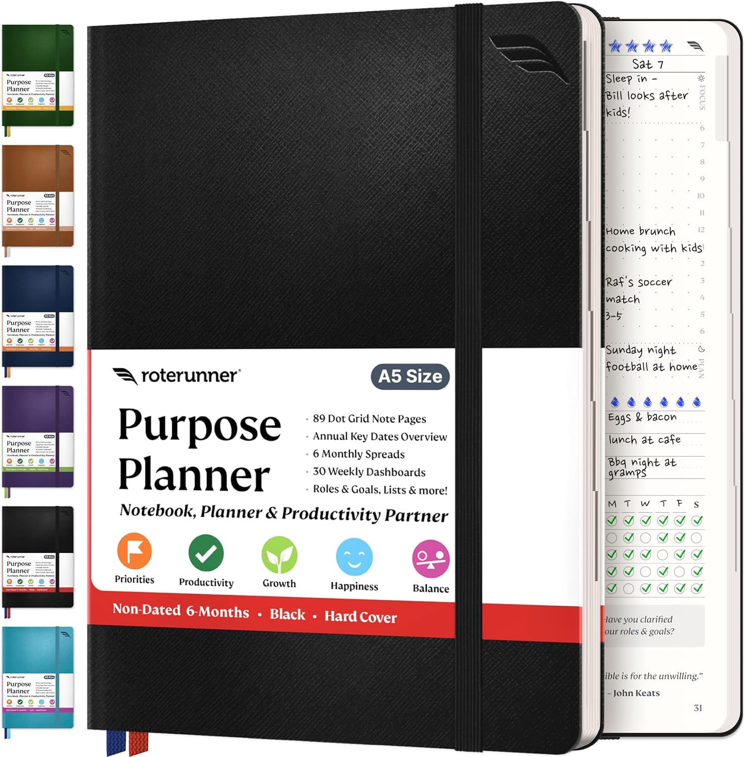 Purpose Planner A5 Undated Monthly Weekly Daily Productivity Journal 2024 Life Health Goal Setting Business Tool for Professionals Moms Academic Student Organizer Notebook (5.8″x8.3″ Black Hardcover)