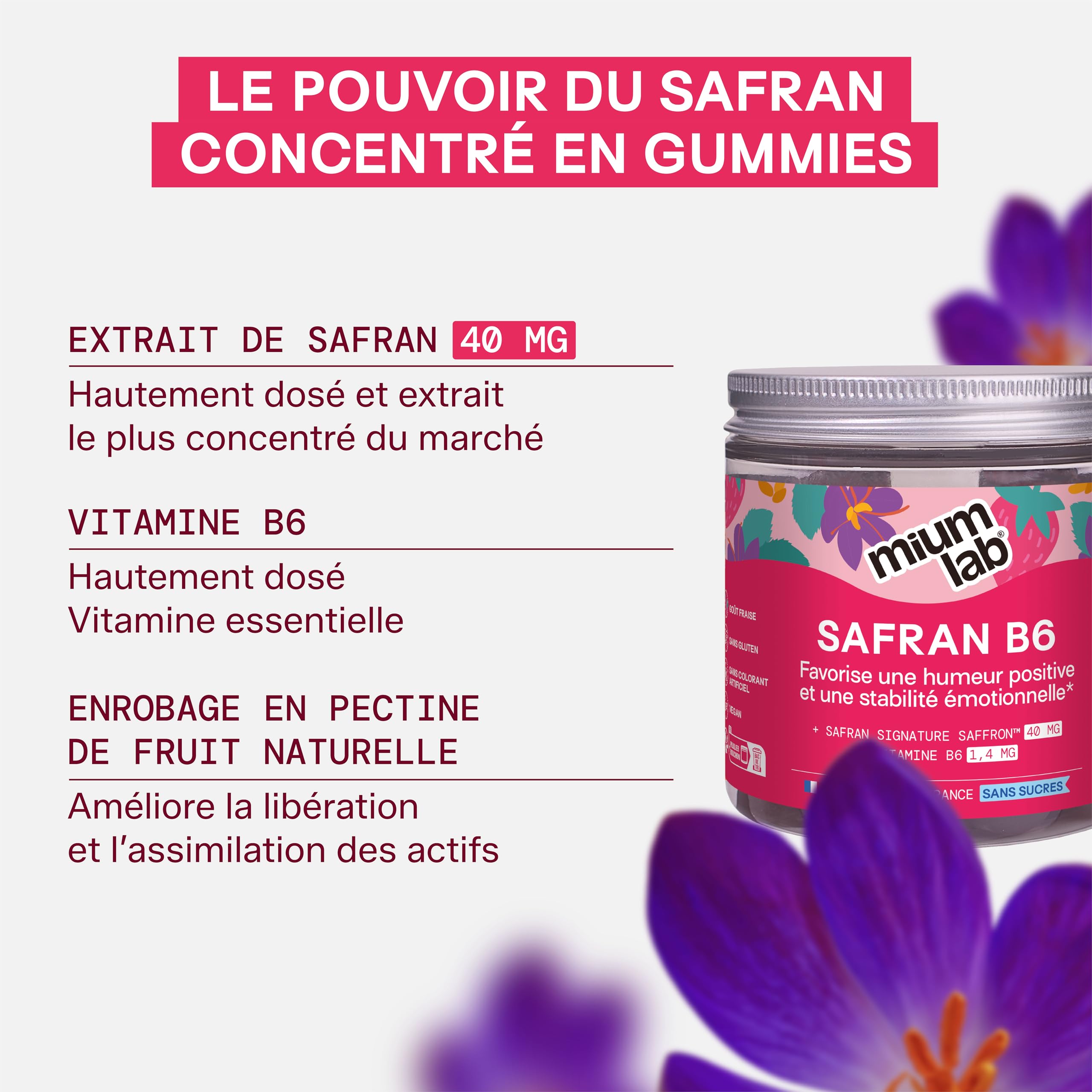 Mium Lab - Gummies Safran Hautement dosé (40mg) et Vit B6 sans sucres - Enfants et Adultes - Formule exclusive - Programme 3 à 6 semaines - Saveur Fraise - Fabriqué en France