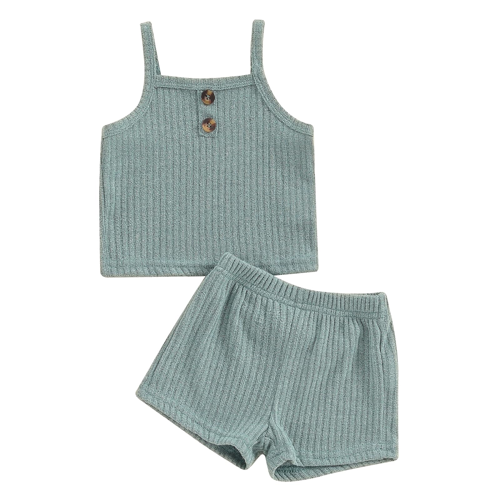 Toddler Baby Girl Summer Clothes Ribbed Sleeveless Button Front Cami Tops and Shorts Infant Outfits Set (A Green, 18-24 Months)