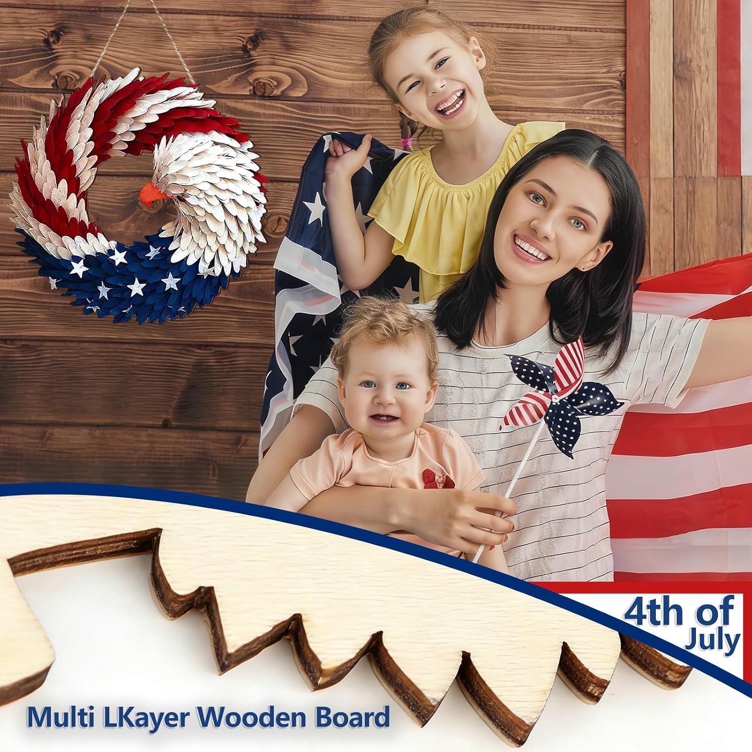 Condition photo showing New/Like New for 250th anniversary eagle wreath, 2d patriotic eagle flag wreath for front door, 4th of july decorations, red white blue wooden hanger, independence day front door sign for home porch outdoor wall decor style 2