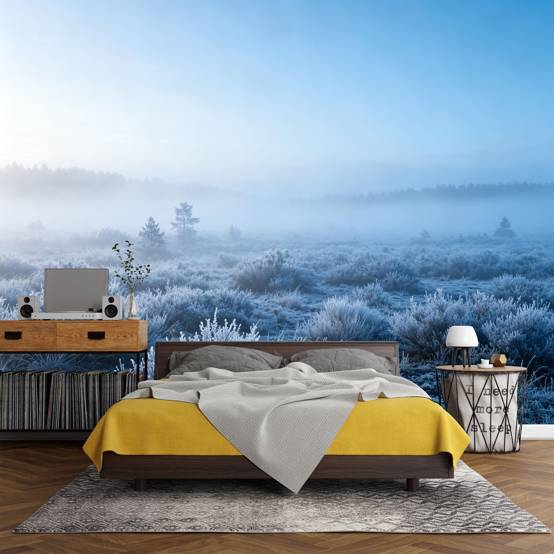 Custom Size Wall Mural， Landscape Frosted Meadow Misty Morning Winter Field，SelfAdhesive Art Prints wall Fabric(No PVC) Removable Wallpaper Living Room Decor