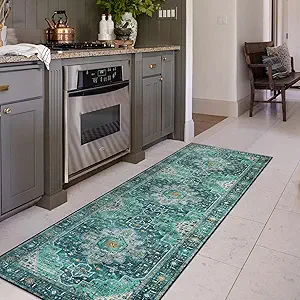 Moynesa Ultra-Thin Washable Runner Rug - 2x7 Teal Hallway Rug Runner Kitchen Carpet Runner, Non Skid Non Shedding Low Pile Bathroom Mat for Apartment Entryway Foyer Vanity RV