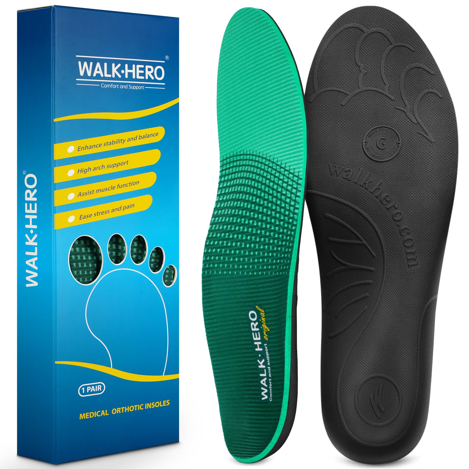 Walkhero Orthotic Insoles for Plantar Fasciitis, High Arch Support Inserts, Everyday Comfort and Support for Work Boots and Casual Shoes (Mens 8-8 1/2
