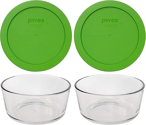 Pyrex (2 7201 platos de vidrio de 4 tazas y (2) 7201-PC de 4 tazas de tapas verdes para césped fabricadas en los Estados Unidos