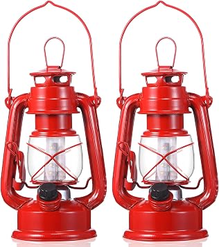 Hortsun 2 Pcs 8 Inch Vintage LED Hurricane Lantern Metal Red Outdoor Battery Operated Hanging Lantern with Warm LEDs and Dimmer Switch for Halloween Christmas Indoor Rustic Farmhouse Camping Decor