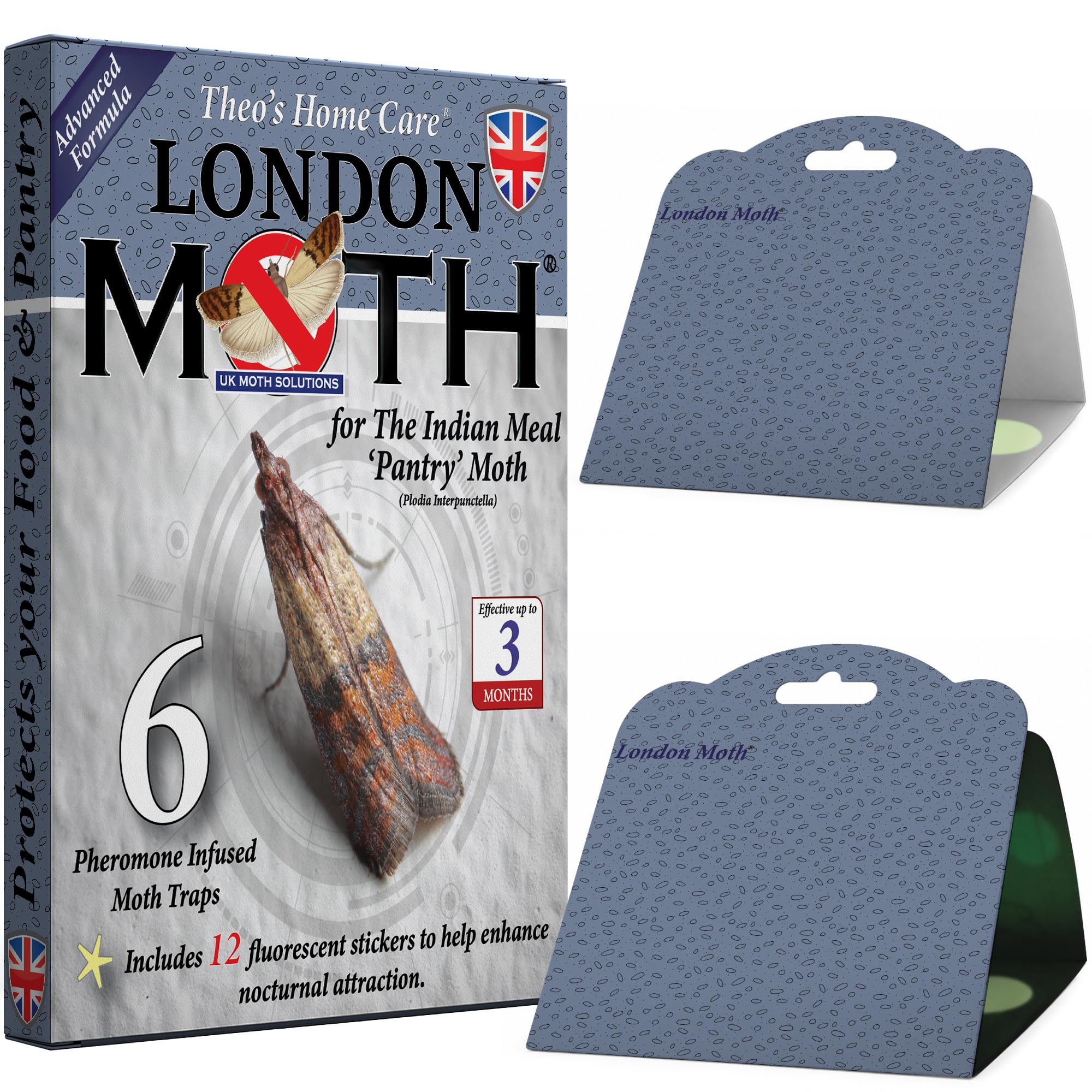 LONDON MOTH KILLER PHEROMONE TRAPS for the Indian Meal Moth 'Pantry Moth'. 6 Sticky Glue Traps for Food and Kitchen Moths. Includes 12 Fluorescent Stickers to Enhance Nocturnal Attraction.