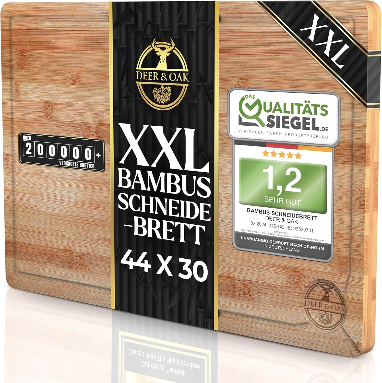 Deer & Oak Schneidebrett Holz – XXL Bambusbrett 44x30x2cm, Vorgeölt & Wasserabweisend, Messerfreundliches Küchenbrett für Fleisch, Gemüse & Brot
