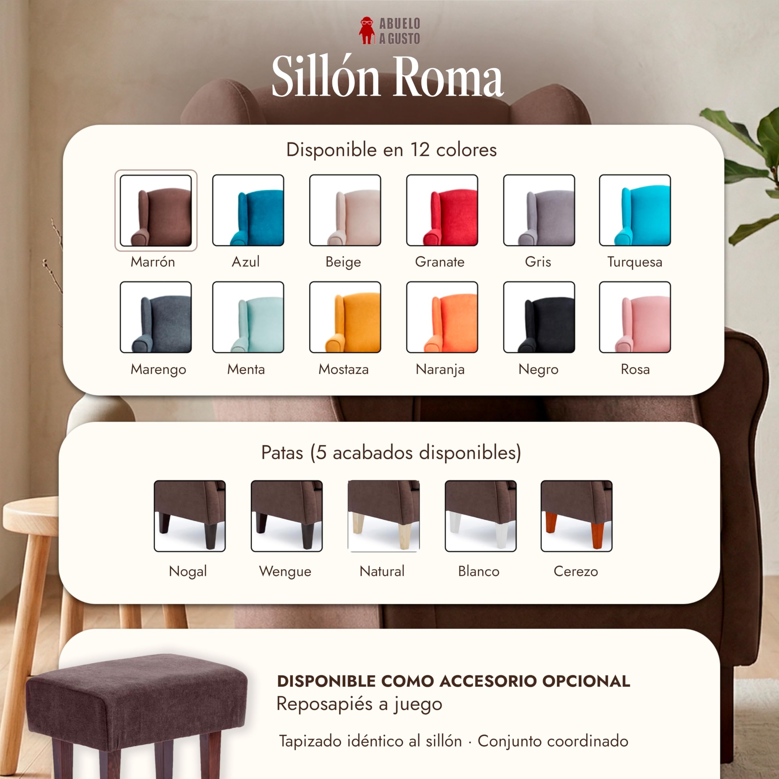 Abuelo A Gusto | Sillón Orejero Individual Roma - Compacto para Salón y Dormitorio - 106x74x78cm - Butaca de Lectura Cómoda y Ligera - Tela Antimanchas, Respaldo Alto y Sentada Firme (Marrón)