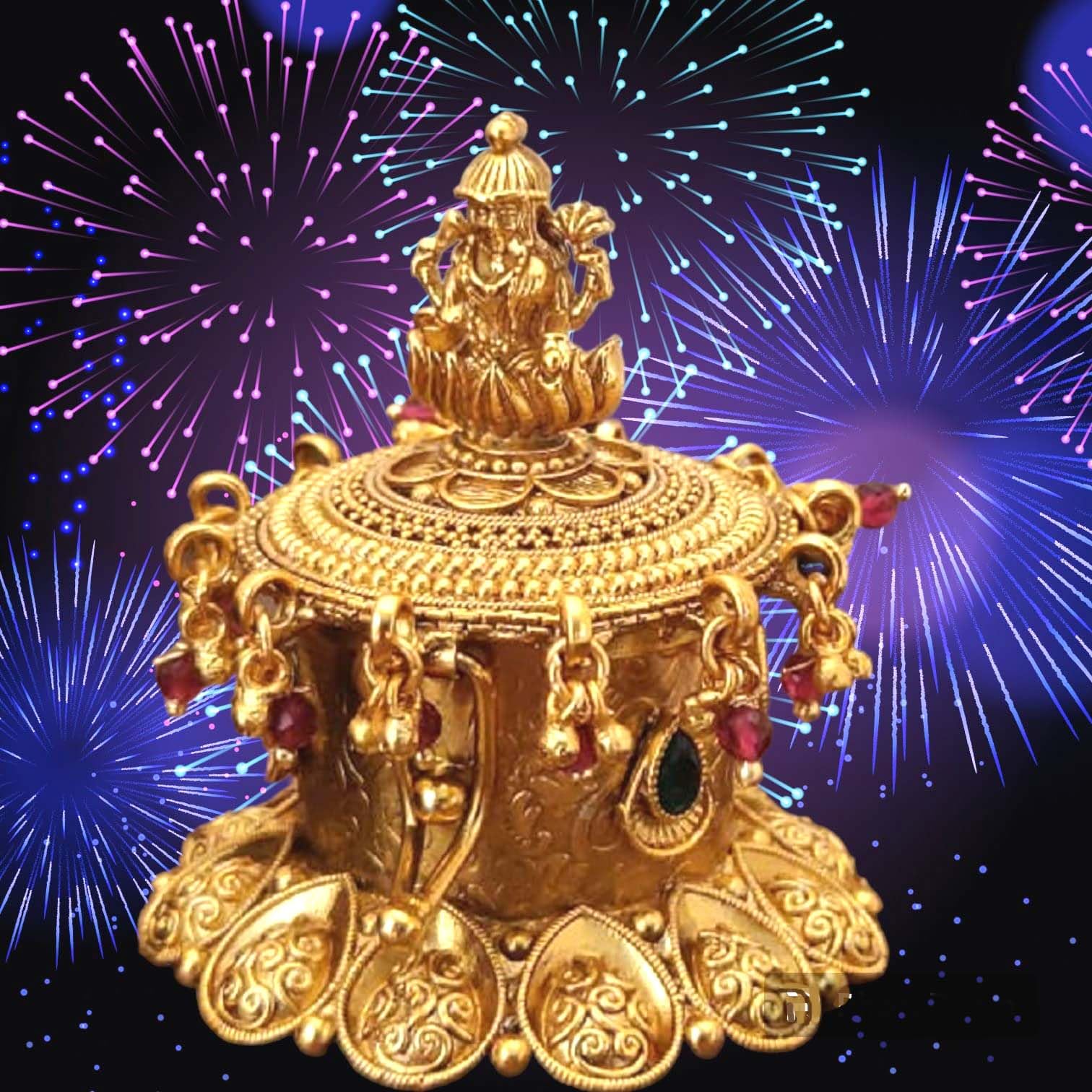 Denique Brass Sindoor Box Gold Plated Sidoor Pot Gold sindoor Dani/Wedding Gift/Pooja Accessory/Kumkum Dabbi,(OM) Laxmi Kempu StoneLatkan