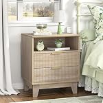 Anmytek Table de chevet fluté avec 2 Tiroirs, Table de côté moderne, Table d'extrémité de ferme pour canapé, Table du lit pour chambre, Design Fluted Waveform, Naturel