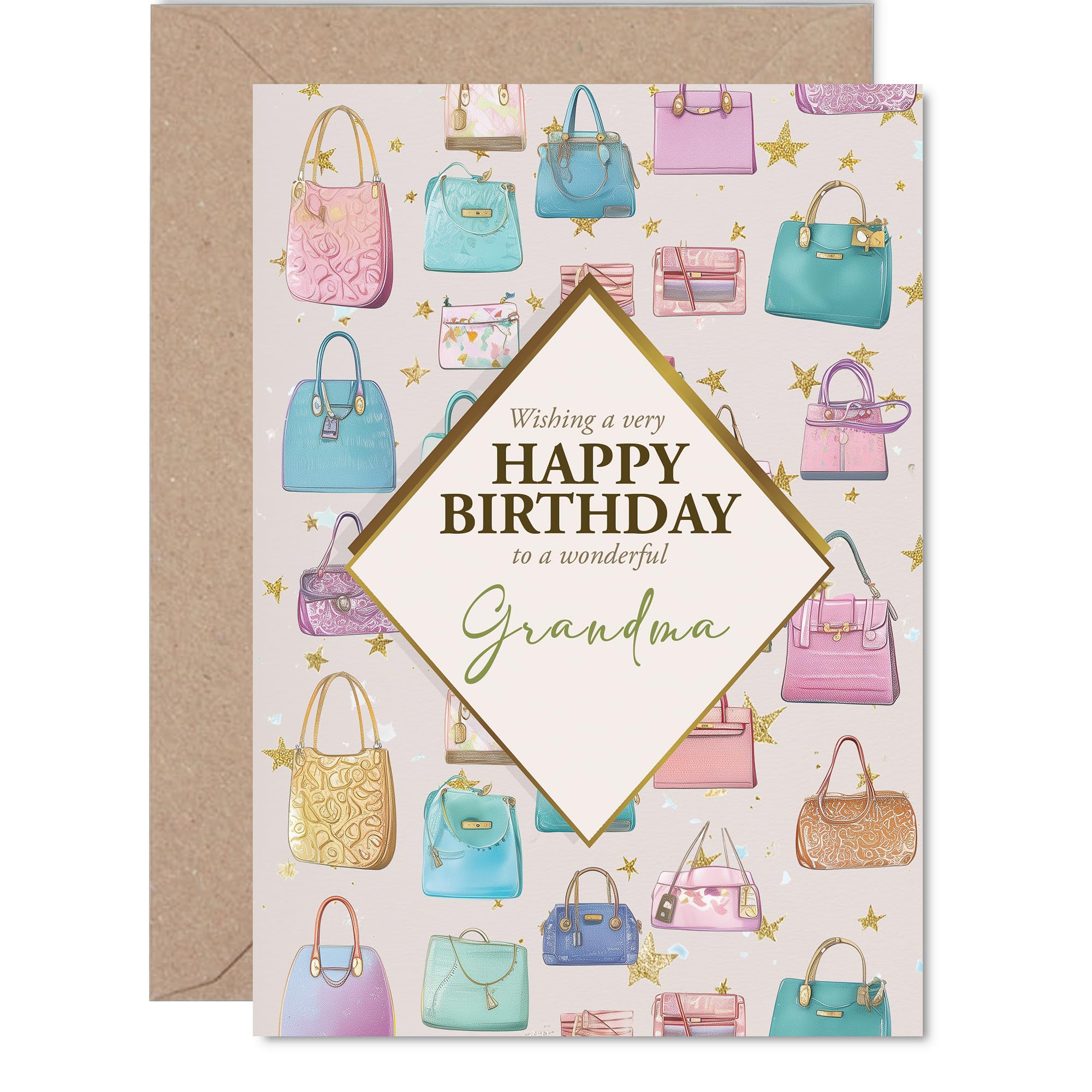 Grandma Birthday Card - Luxury Handbags - Happy Birthday Card for Grandma from Grandson Granddaughter, A5 Fashion Bags Bday Greeting Cards