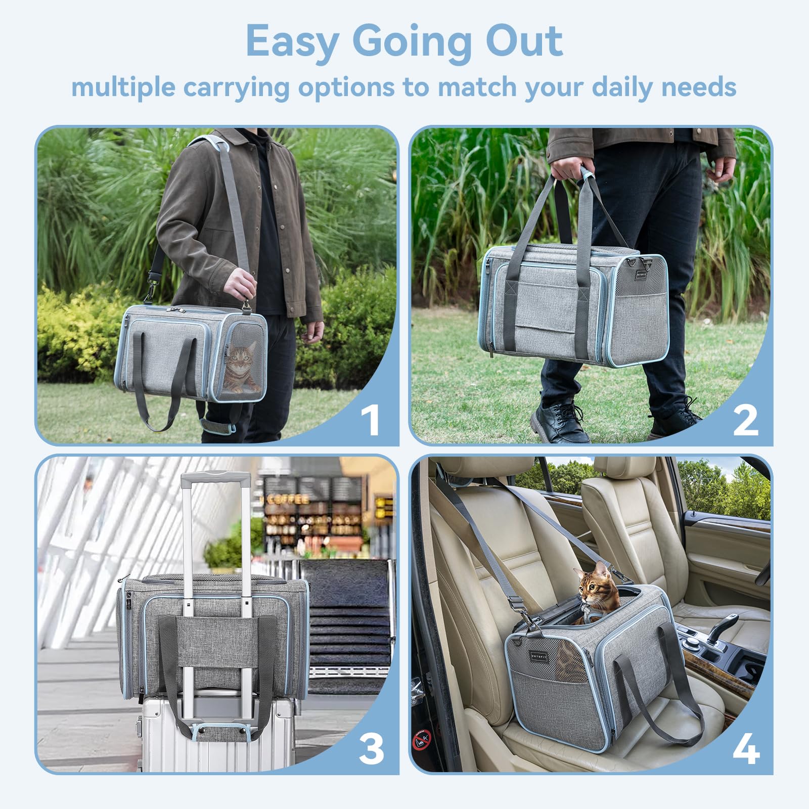 Petsfit Bolsa de transporte plegable para gatos y perros, caja de transporte ampliable para gatos y perros, con correa para el hombro, bolsa de transporte para perros, tejido Oxford para gatos y