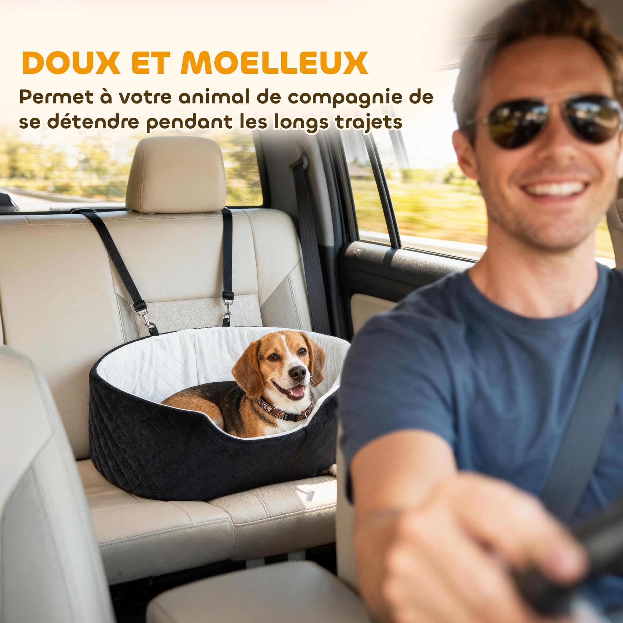 PawHut Siège Auto pour Chien avec Ceinture de sécurité et Fixation, siège de Voiture pour Chiens rembourré Confortable Portable jusqu'à 15kg, Panier Voiture pour Animal Coussin Amovible, Noir