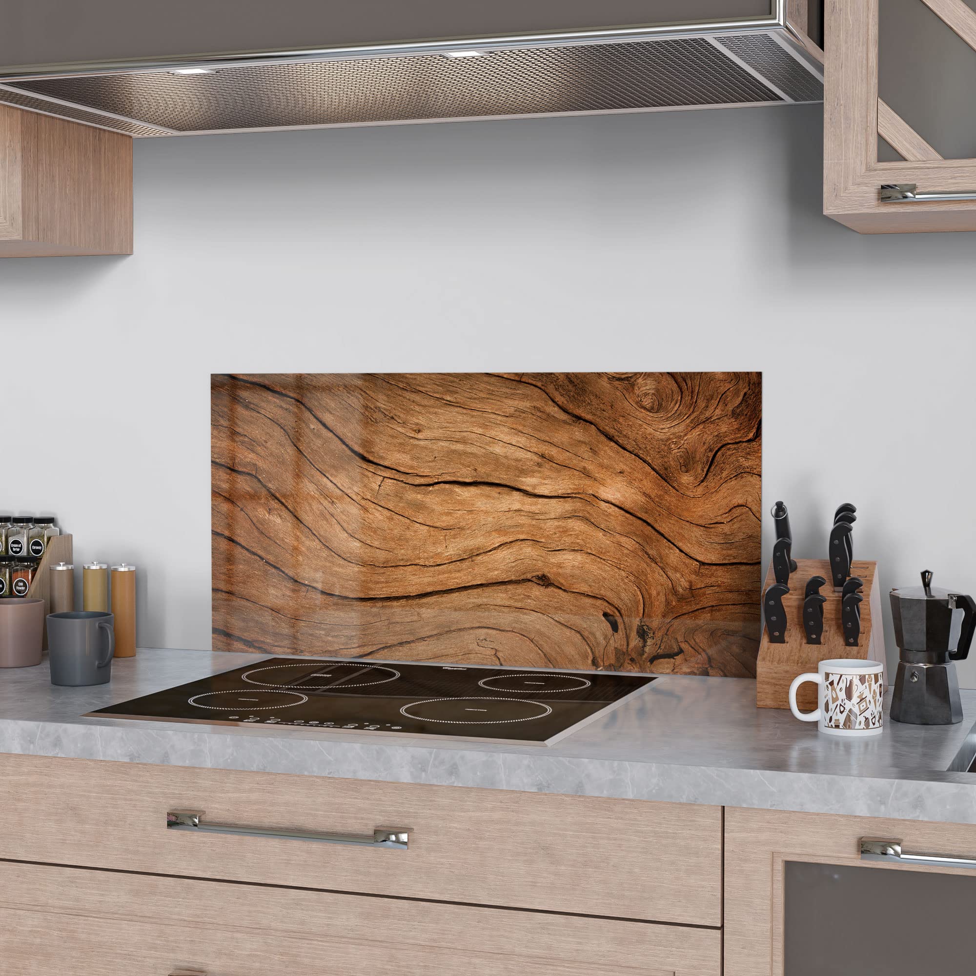 DEQORI Crédence de cuisine en verre | Motif grain de bois détaillé | 80 x 40 cm | Panneau arrière de salle de bain ou de cuisinière | Protection anti-éclaboussures pour cuisine et salle de bain |