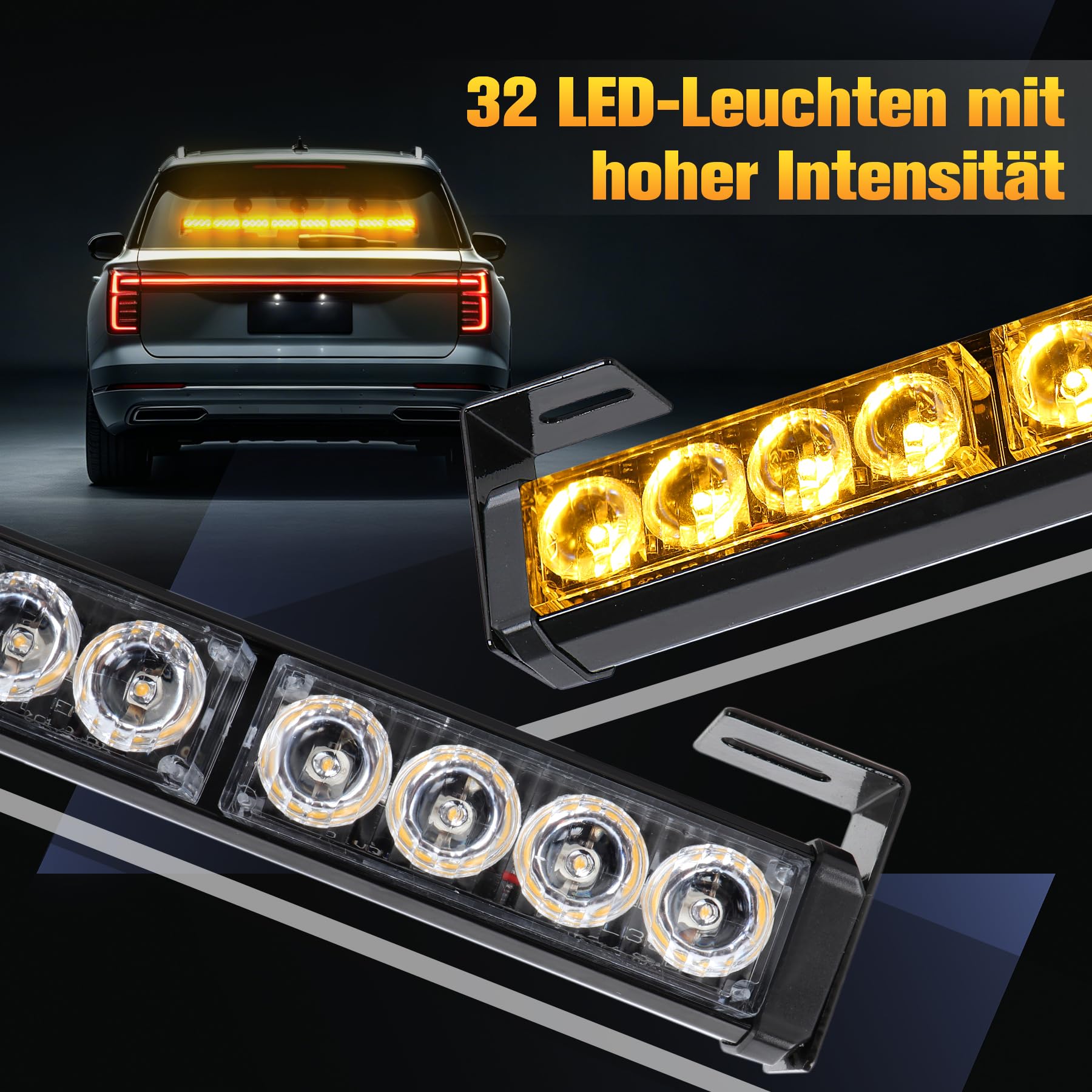 90cm Lichtleiste Stroboskop – 32 LEDs mit hoher Intensität, Warnung, Auto-Blinker, Notfall, Schneepflug, Lichtleiste (Bernstein)