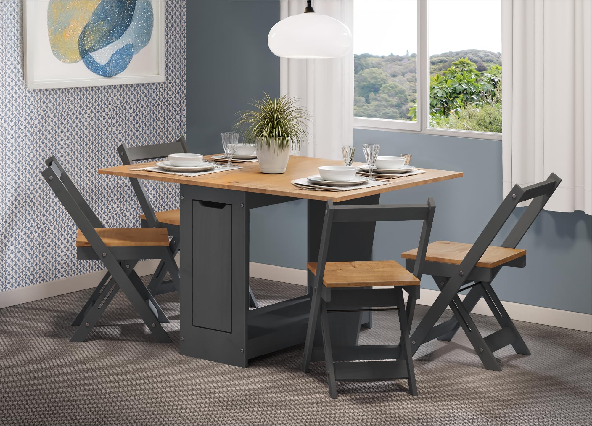 Mercers Furniture Corona Butterfly Drop Leaf Dining Table and 4 Chairs Charcoal Dark Grey Painted Solid Wood Pine Wooden Folding Kitchen Shabby Chic Mexican 76cm High 38/76/114cm Wide 92cm Deep