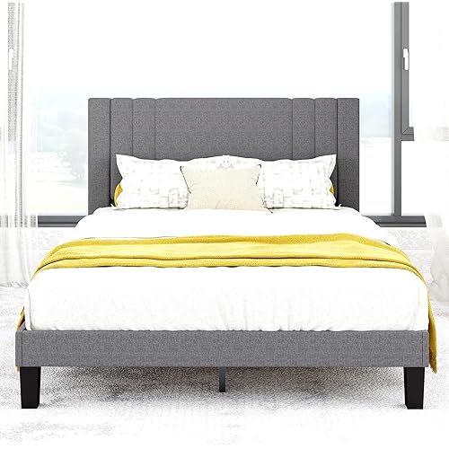 Queen Size Bed Frame, Linen Fabric Upholstered Platform with Headboard (Dark Grey, Queen (U.S. Standard))