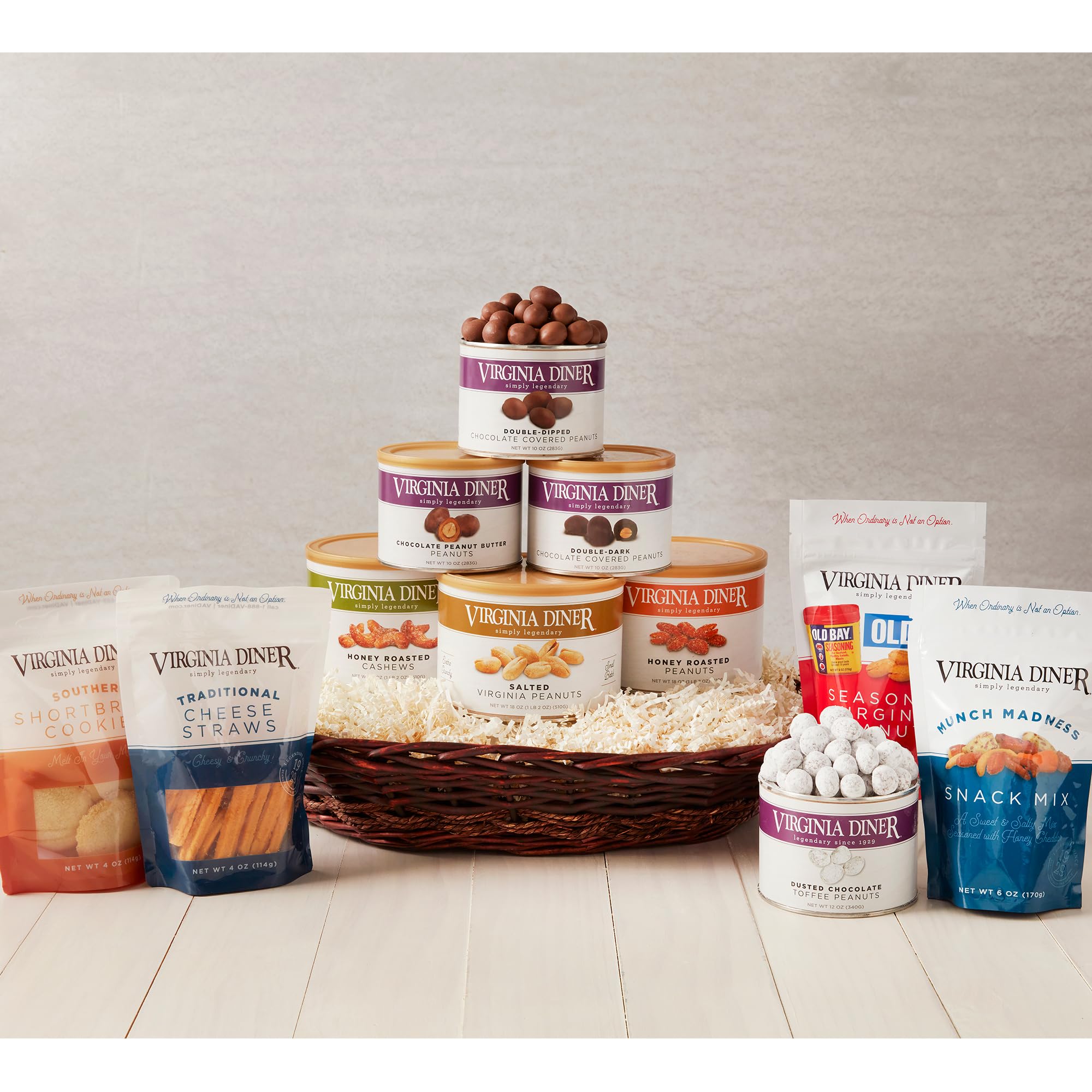 Virginia Diner Premium Gift Basket with 11 Gourmet Snacks: Nuts, Chocolate, Cheese Straws, Cookies in Wicker Basket 7 Lbs