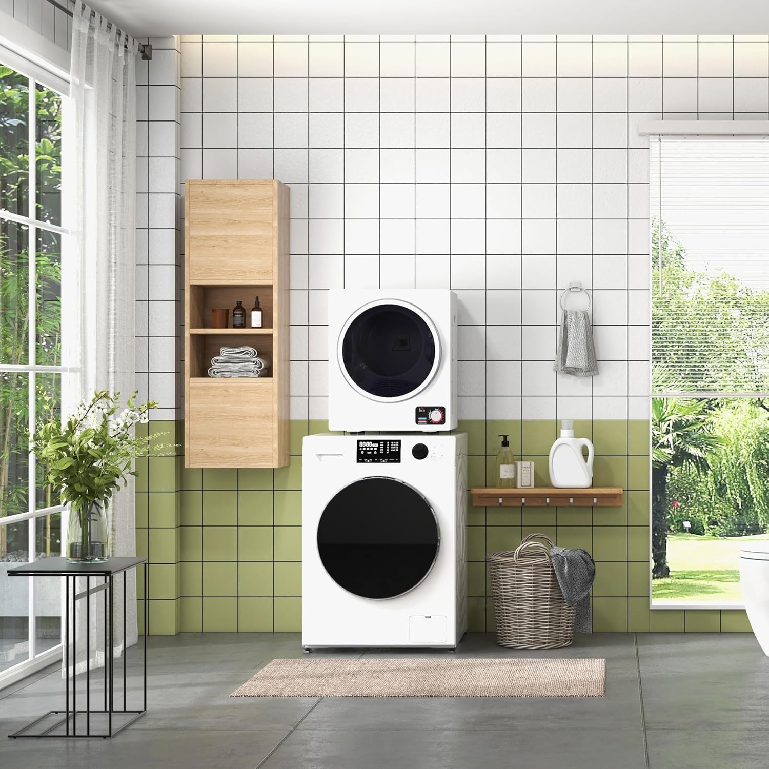 HOMCOM dryer stacked on a washing machine in a modern laundry room.
