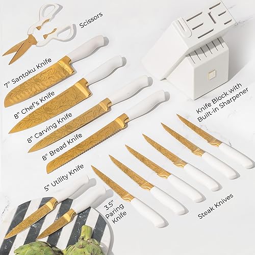 Miniatura 4 de STYLED SETTINGS Knife Set with Built-in Sharpener – 14 PC Golden Titanium-Coated Stainless Steel Blades with Elegant Floral Pattern, Ultra-Sharp,